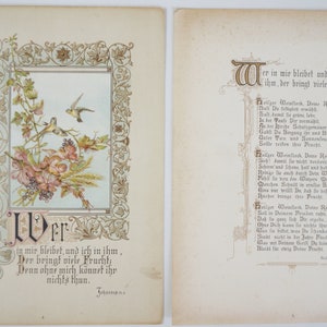 Könnte beinhalten: Eine Vintage-Karte mit einer Blumenillustration und einem Zitat auf Deutsch. Das Zitat lautet "Wer in mir bleibet, und ich in ihm, Der bringt viele Frucht. Denn ohne mich könnet ihr nichts thun." Die Karte ist mit einem goldenen Rahmen und einem Blumendesign verziert.