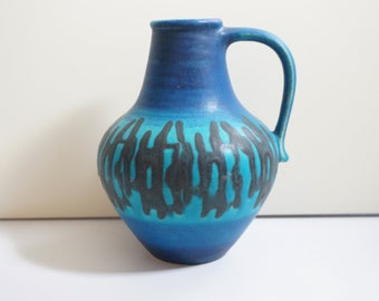 Blue turquoise colour handled vase. Haindpainted black abstract tachist decor. Dümler & Breiden West Germany 313 -20. Vintage pottery 1960s0