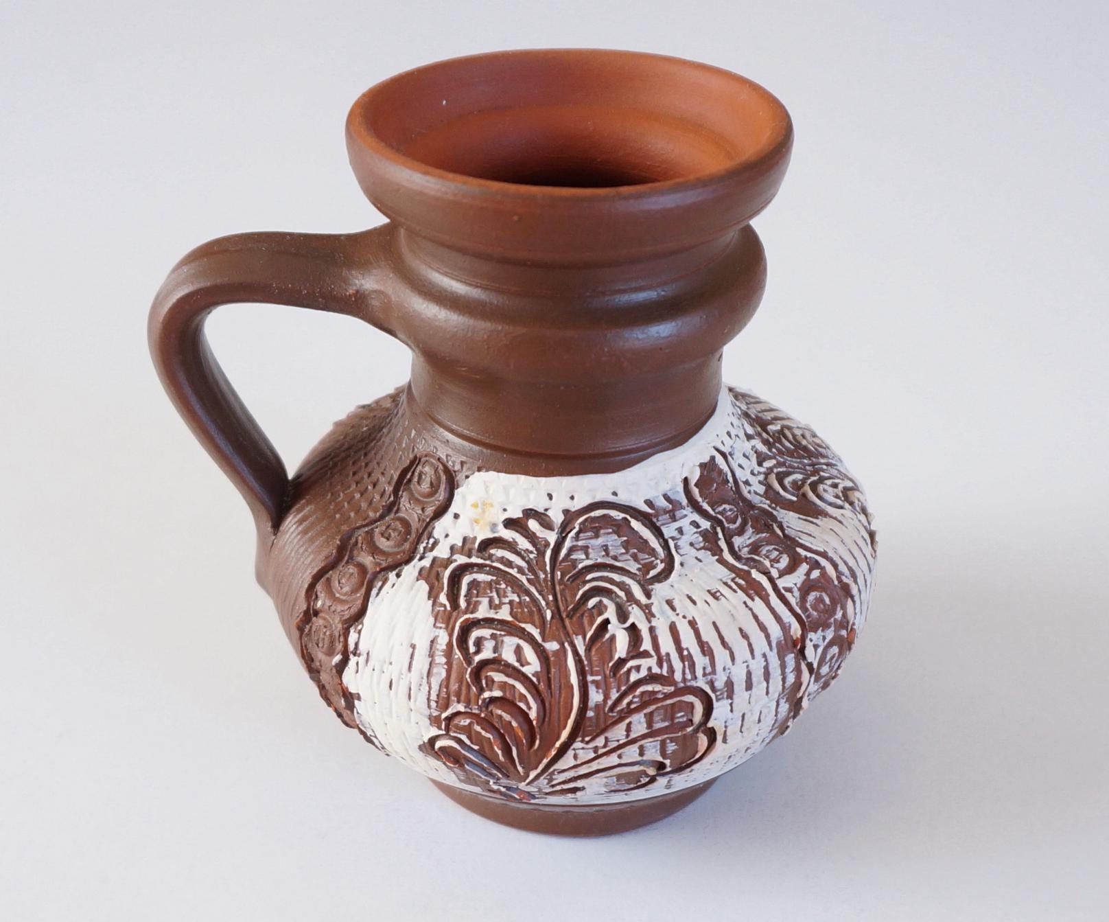 Handled hand-carved sgraffito vase. Klinker style pitcher possibly Otto Keramik West Germany. Felt underneath. Vintage German Pottery 1960s