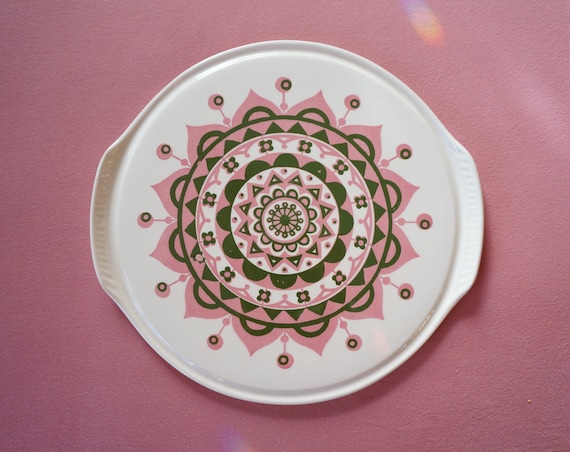Pink and green mandala lotus decor 1960 /70s ceramic cake platter / serving plate. Herbolzheim West Germany 107 - 30. Vintage german pottery