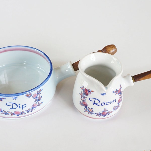 Wooden handle dip bowl / saucepan + creamer. Mid-century Zenith Gouda Holland pottery. Blue and pink fine floral decor. Vintage Dutch design