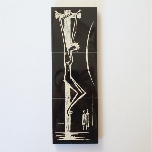 Black white abstract religious art. Ceramic tiles wall hanging. Crucified Lord. Strong drawing. European design 1964. Possibly by Mosa NL