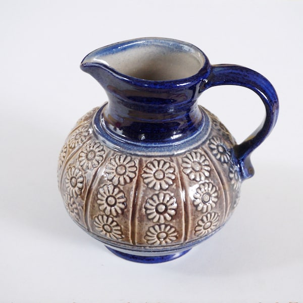 Deep blue gray ceramic jug / vase. Light salt glaze stein style. Sgraffito flower decor. Jasba, West Germany 171415 . Vintage German Pottery
