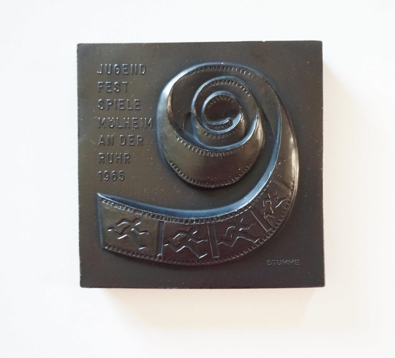 charcoal pottery: relief plaquette film strip carbon ceramic medal Wall plaque Youth Festival Jugend Festspiele M\u00fclheim Germany 1965