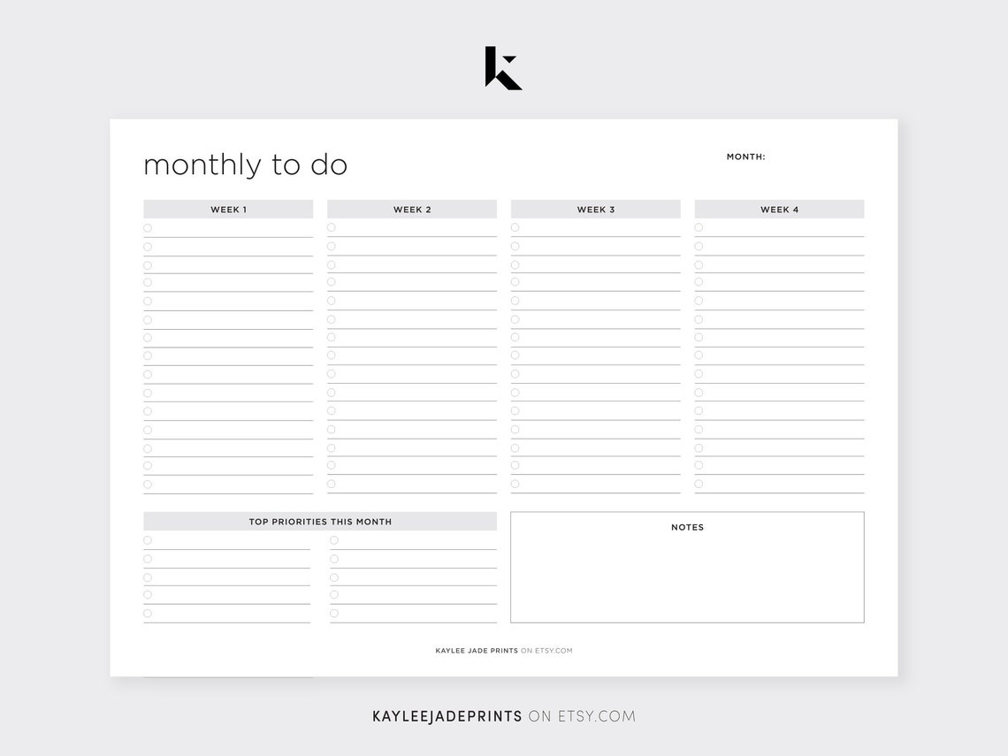 Monthly PLANNER Printable / Downloadable Minimalist Minimal Black ...
