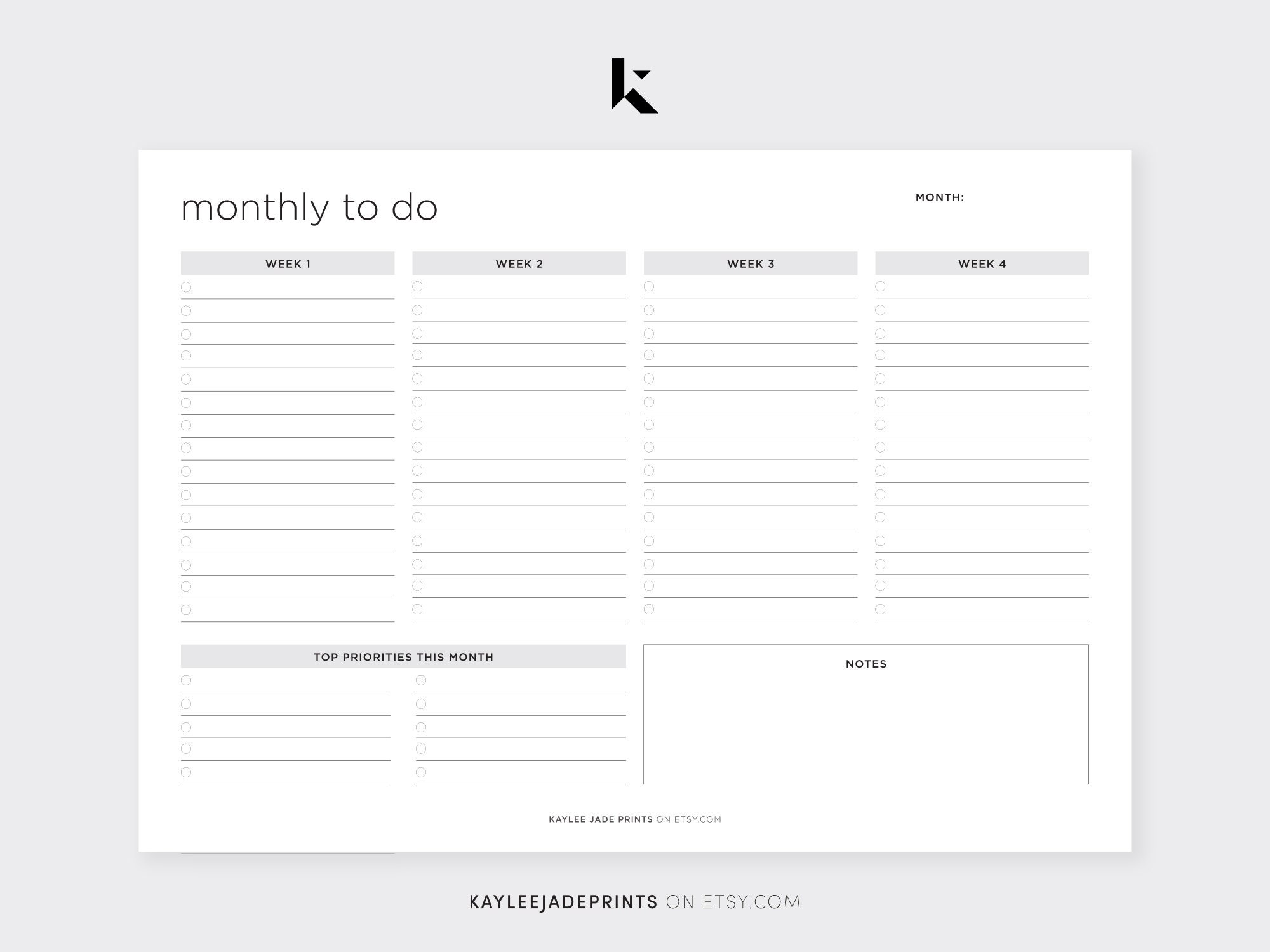 Monthly PLANNER Printable / Downloadable Minimalist Minimal Black &amp; White Fillable Task List ...