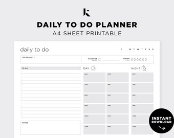 Daily PLANNER Printable / Downloadable Minimalist Minimal Black & White Fillable task list, Daily to do list for work, Day Scheduler