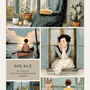 Puede incluir: Una impresión de arte digital con múltiples escenas de mujeres con vestidos vintage. Una mujer lee junto a una ventana, otra rema en un bote y una tercera mira un paisaje urbano. Se muestra el texto "SOLACE".