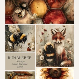 Puede incluir: Ilustraciones en acuarela de abejas, un zorro y un girasol. El panel superior muestra abejas en un panal. La imagen incluye el texto "BUMBLEBEE" y detalles del producto.