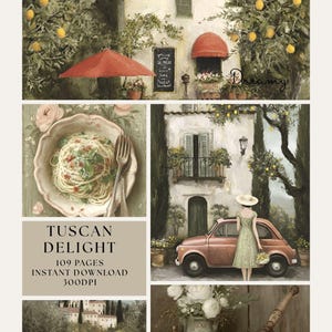 Junk-Journal-Seiten im Stil der Toskana, Zitronenillustrationen, florales Design, italienischer Sommer, Digitalpapier, Toskana, Italien-Design