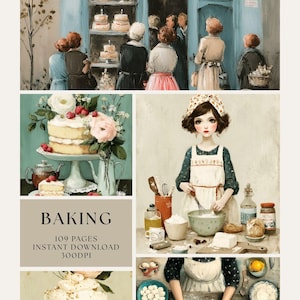 May include: A collage of illustrations with a baking theme. Scenes include a bakery storefront, a layered cake with flowers, a woman baking, and a cupcake. Text reads "BAKING" and "109 PAGES INSTANT DOWNLOAD 300DPI".