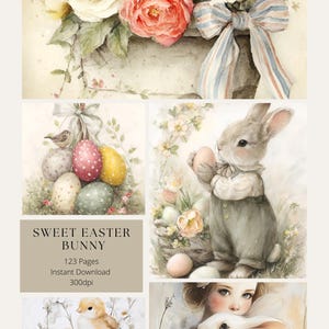 May include: A watercolour illustration with an Easter theme. Depicts roses, Easter eggs, a bunny, chicks, and a girl with a white rabbit. Text reads "Sweet Easter Bunny, 123 Pages, Instant Download, 300dpi."