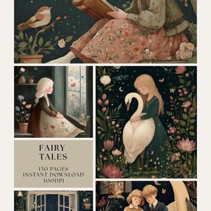 Puede incluir: Impresión artística digital con ilustraciones de cuentos de hadas. La obra de arte incluye imágenes de una niña leyendo, una niña con un cisne y una pareja leyendo. La paleta de colores incluye azules oscuros, verdes y rosas. Se muestra el texto "FAIRY TALES".