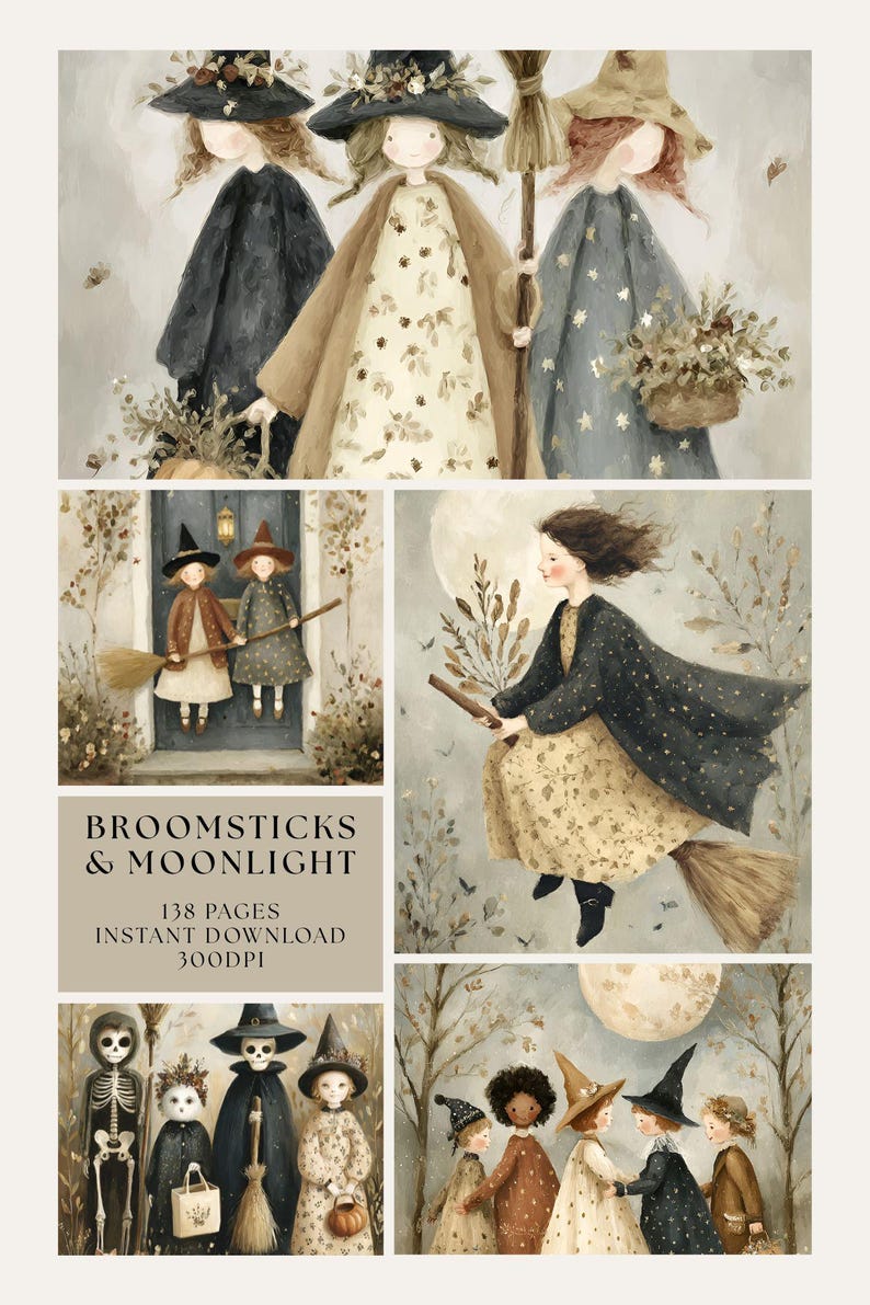 Broomsticks & Moonlight Halloween Junk Journal Pages, Spooky Printable ...