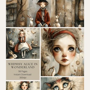 Puede incluir: Ilustración en acuarela con escenas de "Whimsy Alice in Wonderland". La obra de arte incluye una niña con abrigo rojo y sombrero de copa, conejos y el Gato de Cheshire. El texto dice "Whimsy Alice in Wonderland" con detalles de páginas y descarga.