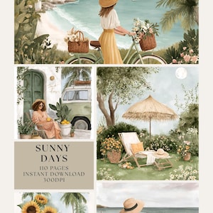 May include: Watercolor illustrations depicting sunny scenes. A woman on a bicycle with flower baskets, a woman relaxing by a van, a beach scene, and a woman with a dog. Text: "Sunny Days", "110 Pages", "Instant Download", "300DPI".