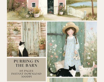 May include: A digital art print featuring a pink barn with a blue roof, a girl with cats, and sleeping kittens. The artwork has a soft, pastel color palette and includes the text "Purring in the Barn", 115 pages, and instant download.