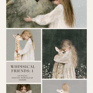 Może przedstawiać: Cyfrowa kolekcja zatytułowana WHIMSICAL FRIENDS: 1, zawierająca 131 stron ilustracji przedstawiających dzieci w jasnych ubraniach przytulające różne zwierzęta, w tym duże stworzenie, żyrafę, jelenia, lamparta i białego królika.