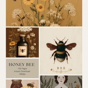 May include: A vintage-style collage featuring illustrations of bees, flowers, and honey-related items. The image includes a bottle with a bee label, a bee illustration, and text that reads "HONEY BEE" and "BEE". The color palette is warm, with tones of yellow, brown, and beige.