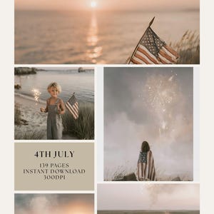 Peut inclure: Un collage d'images célébrant le 4 juillet. Comprend des feux d'artifice, des drapeaux américains et un enfant tenant une étincelle. Le texte "4TH JULY" est affiché avec des détails sur le produit.