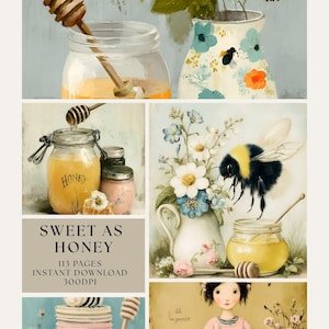 Può includere: Stampa d'arte digitale con barattoli di miele, cucchiai per il miele e fiori. L'immagine include un barattolo con la scritta "HONEY", un calabrone e il testo "SWEET AS HONEY".