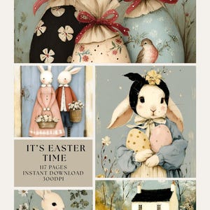 Puede incluir: Un collage de ilustraciones con temática de Pascua. Incluye huevos decorados con lazos rojos, figuras de conejos y una cabaña pintoresca. El texto "IT'S EASTER TIME" se muestra con detalles sobre la descarga digital.