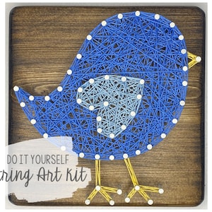 May include: DIY string art kit featuring a blue bird with a light blue heart on a wooden background. The kit includes all the materials needed to create the artwork, including string, nails, and a wooden base.