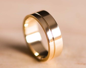 Yellow Gold Wedding Ring with External Groove - Polished Gold Wedding Band - 9k Gold Ring