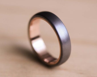 Brushed Domed Tantalum Ring with a Rose Gold Liner - Dark Blue Grey Tantalum - Tantalum Wedding Band - Grey Wedding Ring - Domed Ring