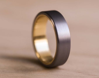 Brushed Tantalum Ring with a Yellow Gold Liner - Dark Blue Grey Tantalum - Tantalum Wedding Band - Grey Wedding Ring