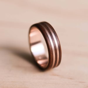 Double Solid Rose Gold Inlay and Liner in Santos Rosewood Bentwood Ring, Wooden Ring, Rose Gold Ring