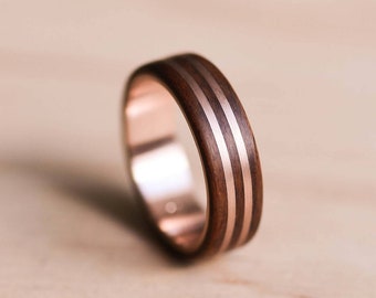 Double Solid Rose Gold Inlay and Liner in Santos Rosewood Bentwood Ring - Wooden Ring - Rose Gold Ring
