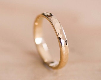 Hammered Solid Yellow Gold Wedding Ring with Subtle Dome - Gold Wedding Band - Hammered Wedding Ring - Polished Wedding Ring