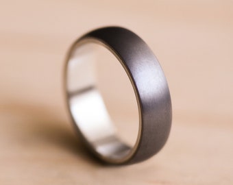 Brushed Domed Tantalum Ring with a White Gold Liner - Dark Blue Grey Tantalum - Tantalum Wedding Band