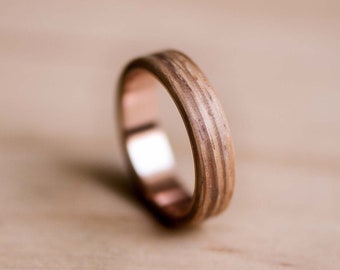 Zebrano Bentwood Ring with a Solid Rose Gold Liner - Wooden Ring - Rose Gold Ring