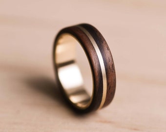 Solid Yellow Gold Inlay and Liner in a Macassar Ebony Bentwood Ring - Gold Ring - Wooden Ring