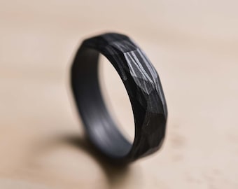 Faceted Carbon Fiber Ring, Black Carbon Fibre Ring, Carbon Fiber Wedding Band, Faceted Ring