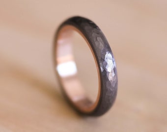 Hammered & Domed Tantalum Ring with a Rose Gold Liner - Dark Blue Grey Tantalum - Tantalum Wedding Band