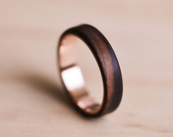 Solid Rose Gold Liner and Macassar Ebony Bentwood Ring - Rose Gold Ring - Wooden Ring