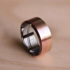 3-Tone Brushed Copper Bronze with a Damasteel Liner Damscus Steel Wedding Band Copper Ring Bronze Ring Damasteel Ring image 1