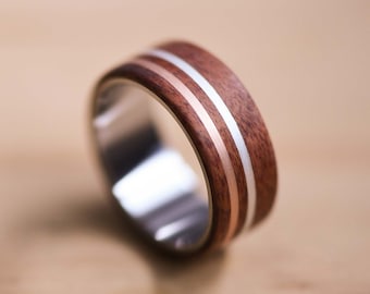 Double Solid Rose & White Gold Inlay and Marine Grade 316 Stainless Steel Liner in Santos Rosewood Bentwood Ring - Wooden Ring - Wooden Band