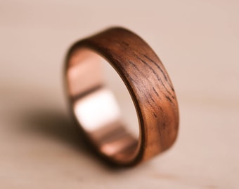 Hawaiian Curly Koa Bentwood Ring with a Solid Rose Gold Liner - Rose Gold Ring - Wooden Ring