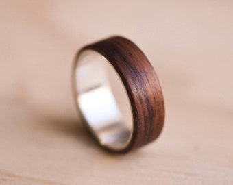 White Gold Liner with Santos Rosewood Bentwood Ring - Wooden Ring - Gold Ring - White Gold Band