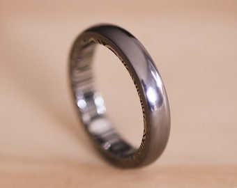 Polished Domed Tantalum Ring with a Damasteel Blue Tongue Liner - Damascus Steel Wedding Band - Tantalum Wedding Ring - Dark Wedding Ring