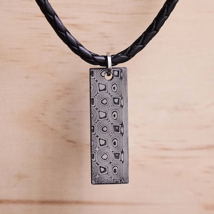 Handmade Damasteel Rose Pendant: Rectangular Black Leather Cord Necklace
