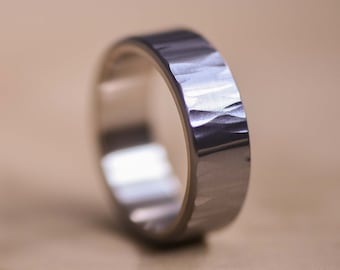 Wide Hammered Tantalum Ring with a White Gold Liner - Dark Blue Grey Tantalum - Tantalum Wedding Band - Gold Wedding Ring - Textured Ring