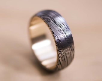 Domed Damasteel Damascus Heimskringla Pattern Ring With a Yellow Gold Liner - Damascus Steel Wedding Band - Damasteel Ring - Gold Ring