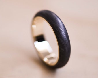 Domed Dark Matter Carbon Fiber Ring with a Yellow Gold Liner - Black Carbon Fibre Ring - Carbon Fiber Wedding Band - Gold Wedding Ring