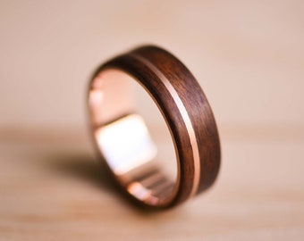 Santos Rosewood Bentwood Ring with Solid Rose Gold Inlay & Liner, Wooden Wedding Band, 5 Year Anniversary Gift, Customizable Ring