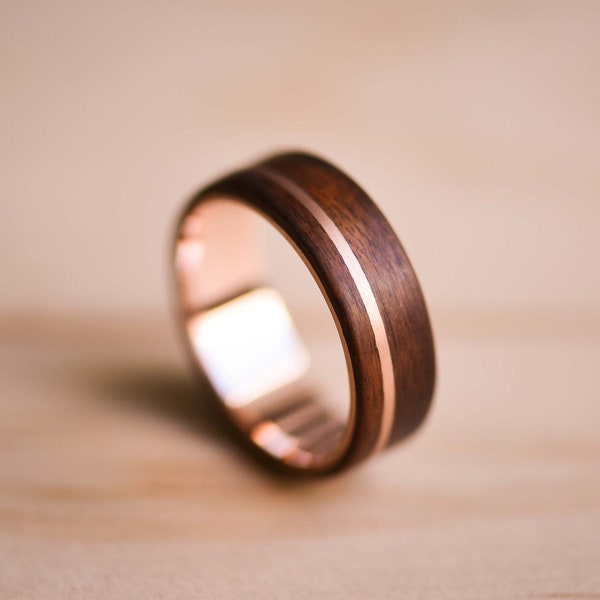 Solid Rose Gold Inlay and Liner in Santos Rosewood Bentwood Ring - Wooden Ring - Rose Gold Ring